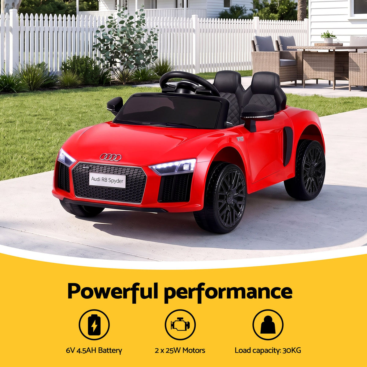 Red licensed Audi R8 12V electric ride-on car for kids, featuring realistic design and safety features, by Everything Baby.