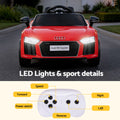 Red licensed Audi R8 12V electric ride-on car for kids by Everything Baby, featuring realistic design and safety features.