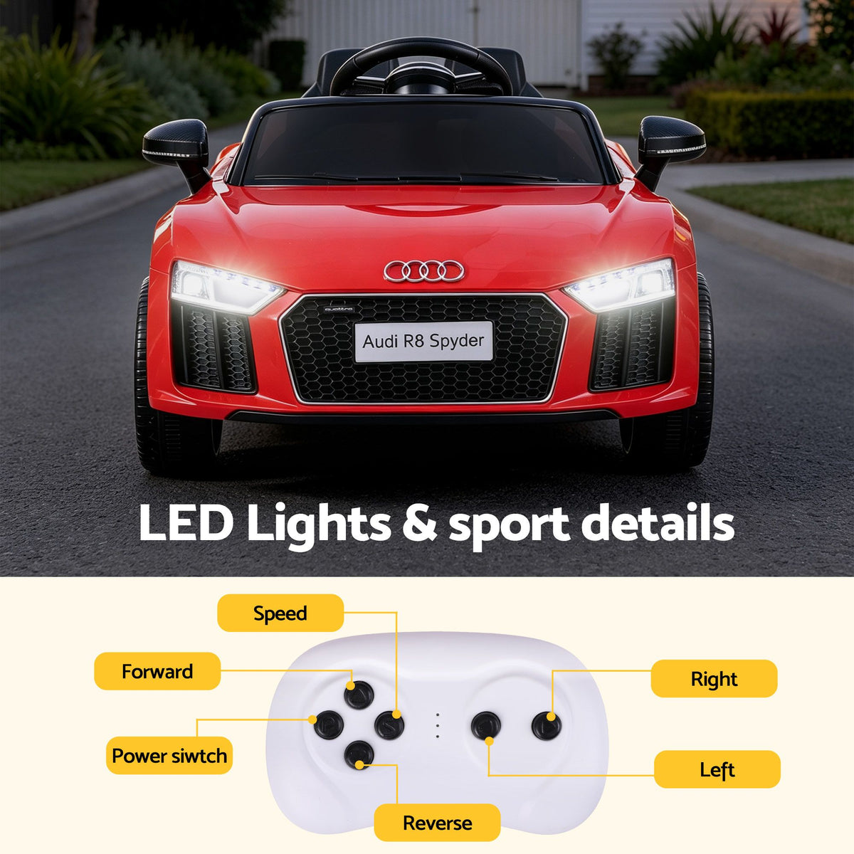 Red licensed Audi R8 12V electric ride-on car for kids by Everything Baby, featuring realistic design and safety features.