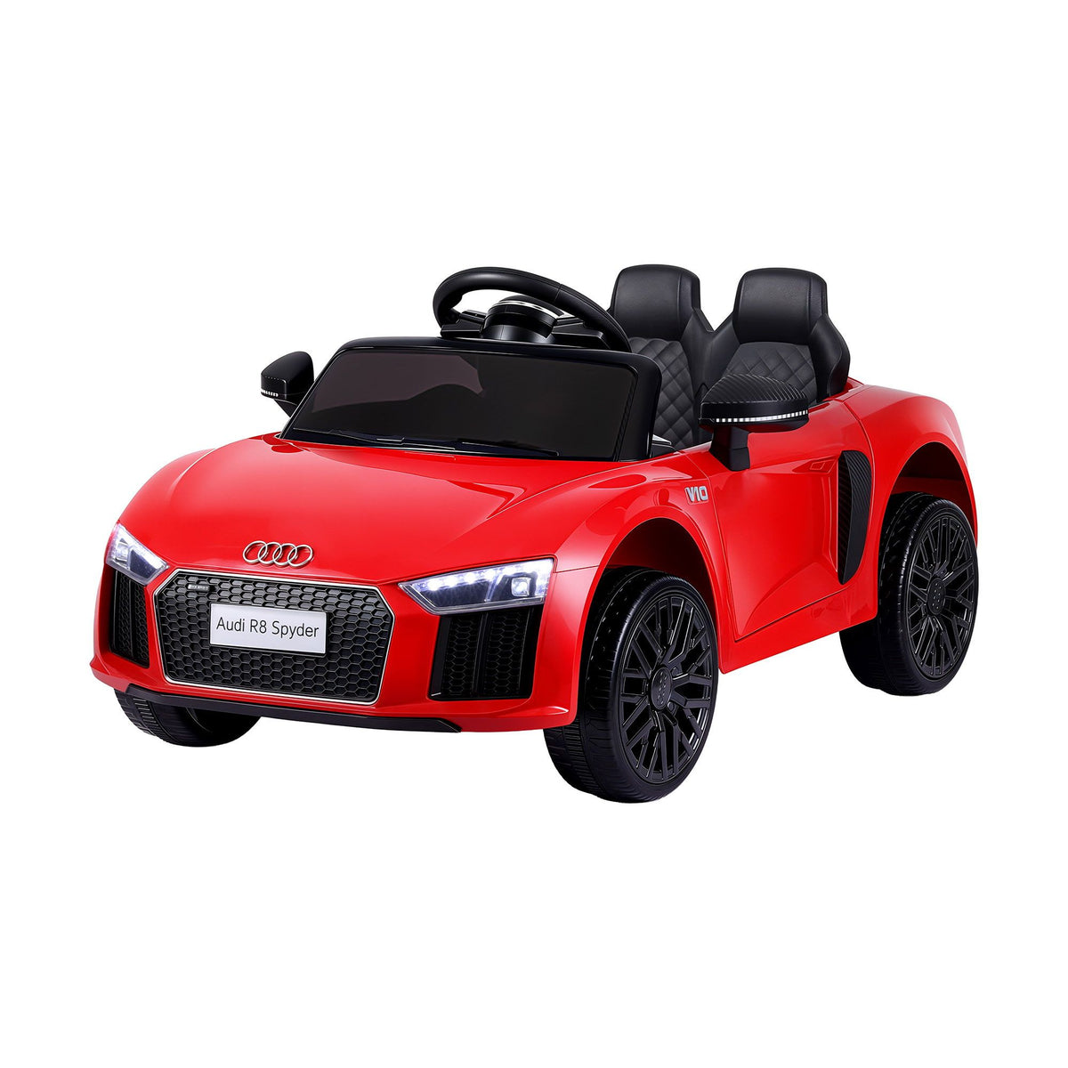Red licensed Audi R8 12V electric ride-on car for kids, featuring realistic design and battery-powered mobility.