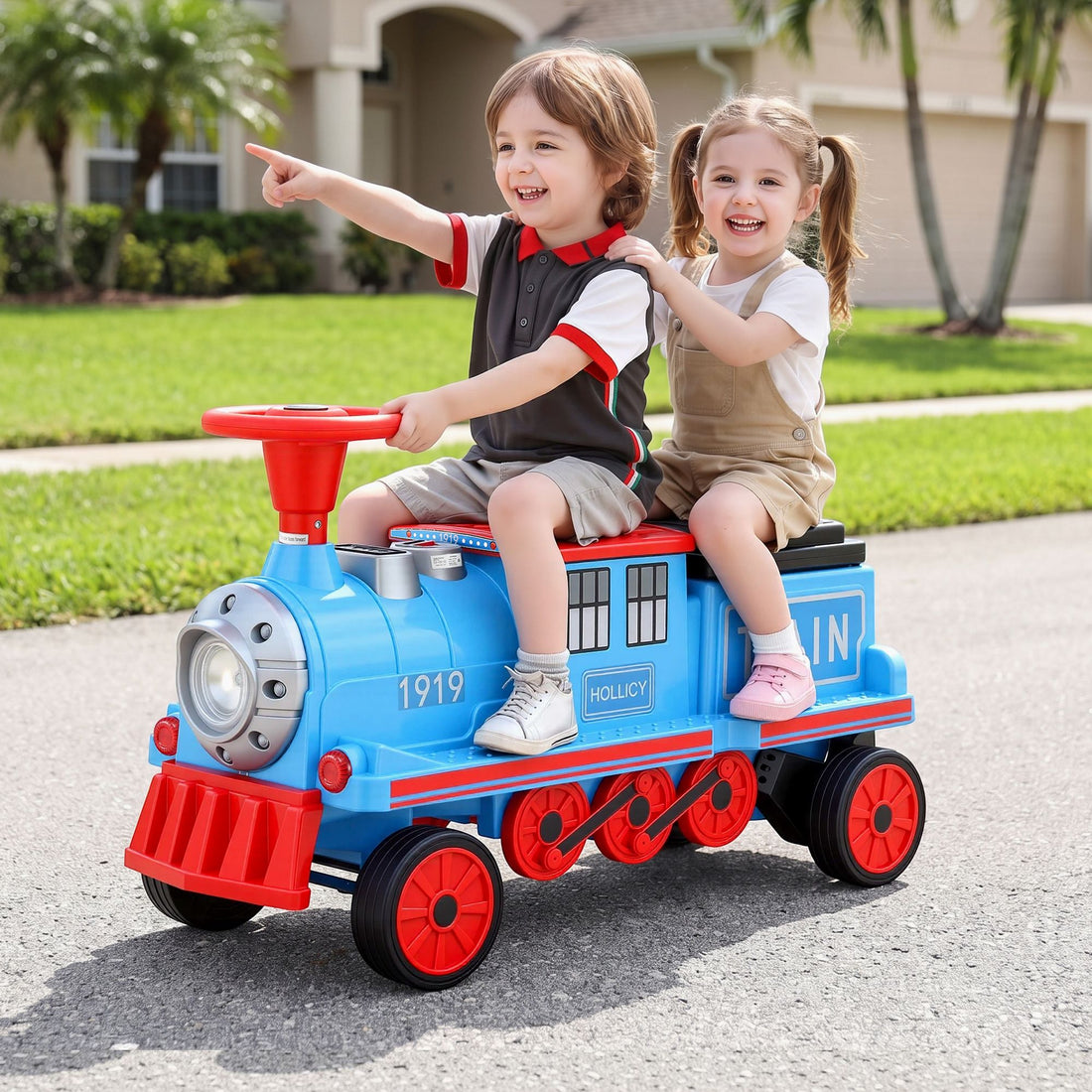 Blue Rigo Kids ride-on car train, 12V electric toy with 2 seats and storage, designed for children, by Everything Baby.