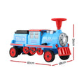 Blue Rigo Kids ride-on train car with two seats, 12V electric toy, featuring storage, suitable for children, branded Everything Baby.