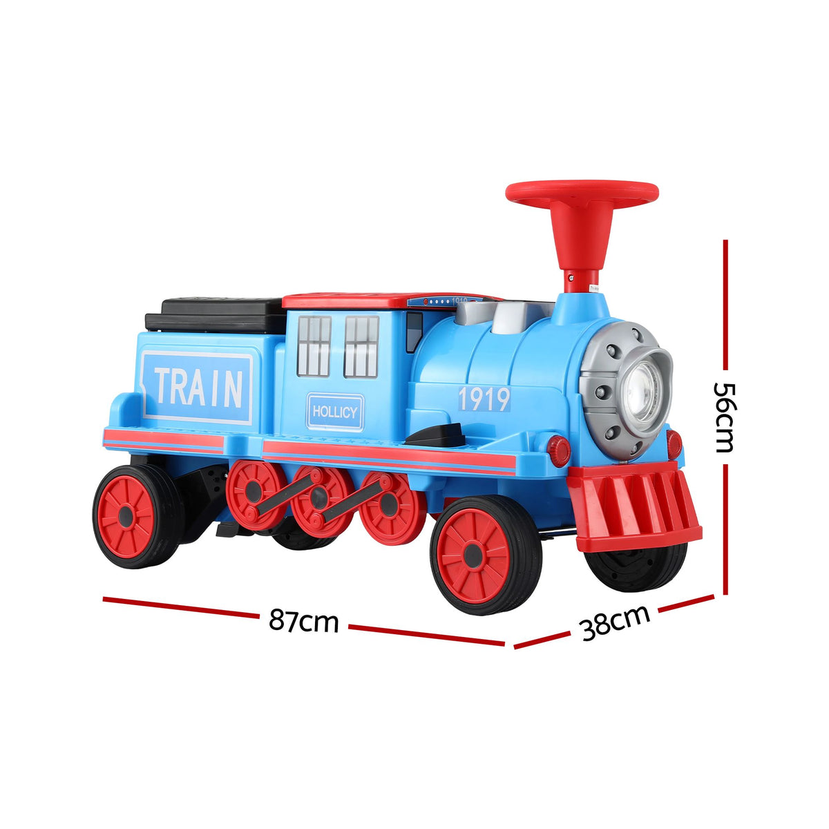 Blue Rigo Kids ride-on train car with two seats, 12V electric toy, featuring storage, suitable for children, branded Everything Baby.