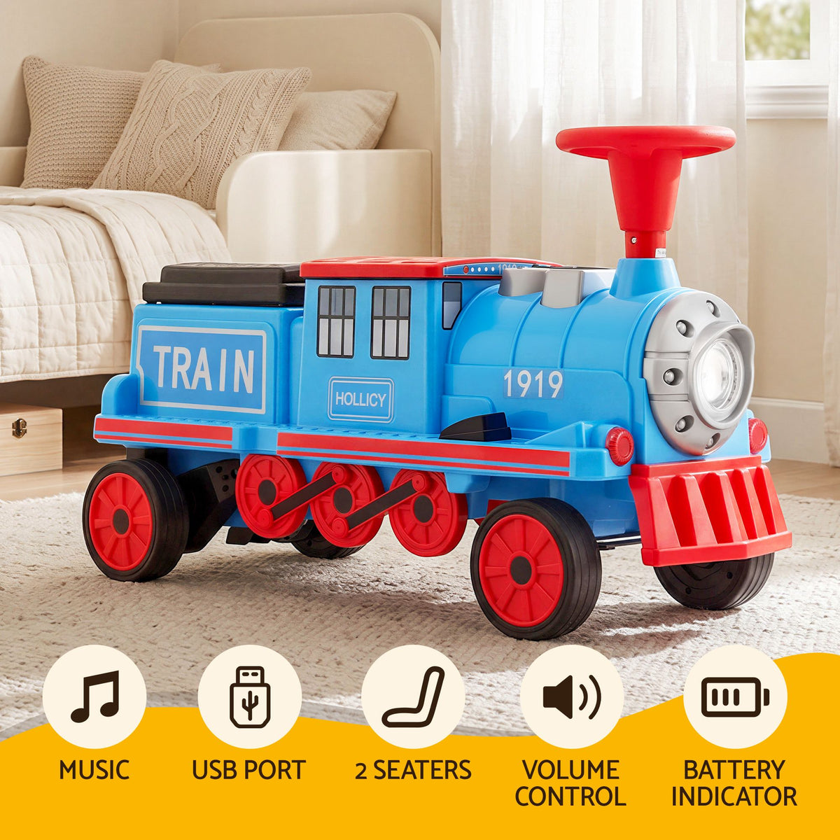 Blue Rigo Kids Ride on Car Train with two seats, 12V electric toy, storage compartment, designed for children’s outdoor play.