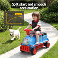 Blue Rigo Kids ride-on train car by Everything Baby, 12V electric toy with 2 seats, storage, and 87cm length for children.