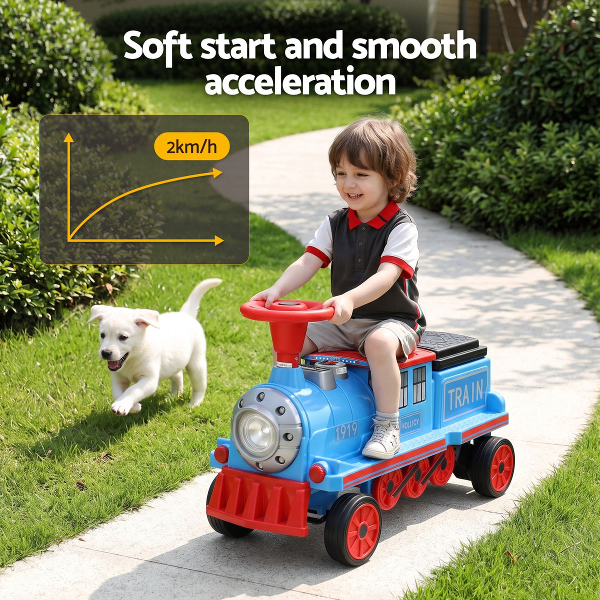 Blue Rigo Kids ride-on train car by Everything Baby, 12V electric toy with 2 seats, storage, and 87cm length for children.