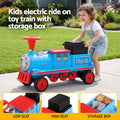 Blue Rigo Kids Ride on Car Train with 12V motor, two seats, and storage, designed for children’s play and fun.
