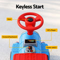 Blue Rigo Kids ride-on car train by Everything Baby, 12V electric toy with two seats and storage, 87cm length for children.