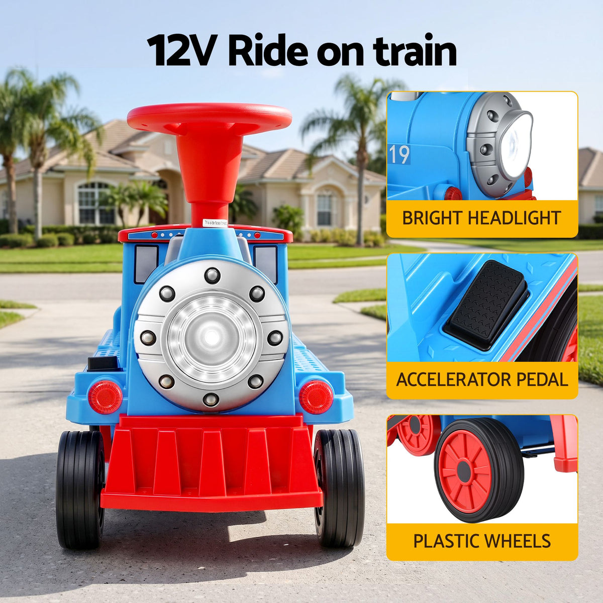 Blue Rigo Kids ride-on train car by Everything Baby, 12V electric toy with two seats, storage, and an 87cm length for kids.