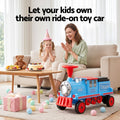 Blue Rigo Kids ride-on train car, 12V electric toy with two seats and storage, designed for children, manufactured by Everything Baby.