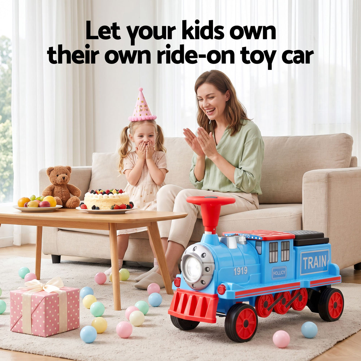 Blue Rigo Kids ride-on train car, 12V electric toy with two seats and storage, designed for children, manufactured by Everything Baby.