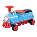 Blue Rigo Kids ride-on train car with 12V electric motor, two seats, and storage, designed for children’s outdoor play.