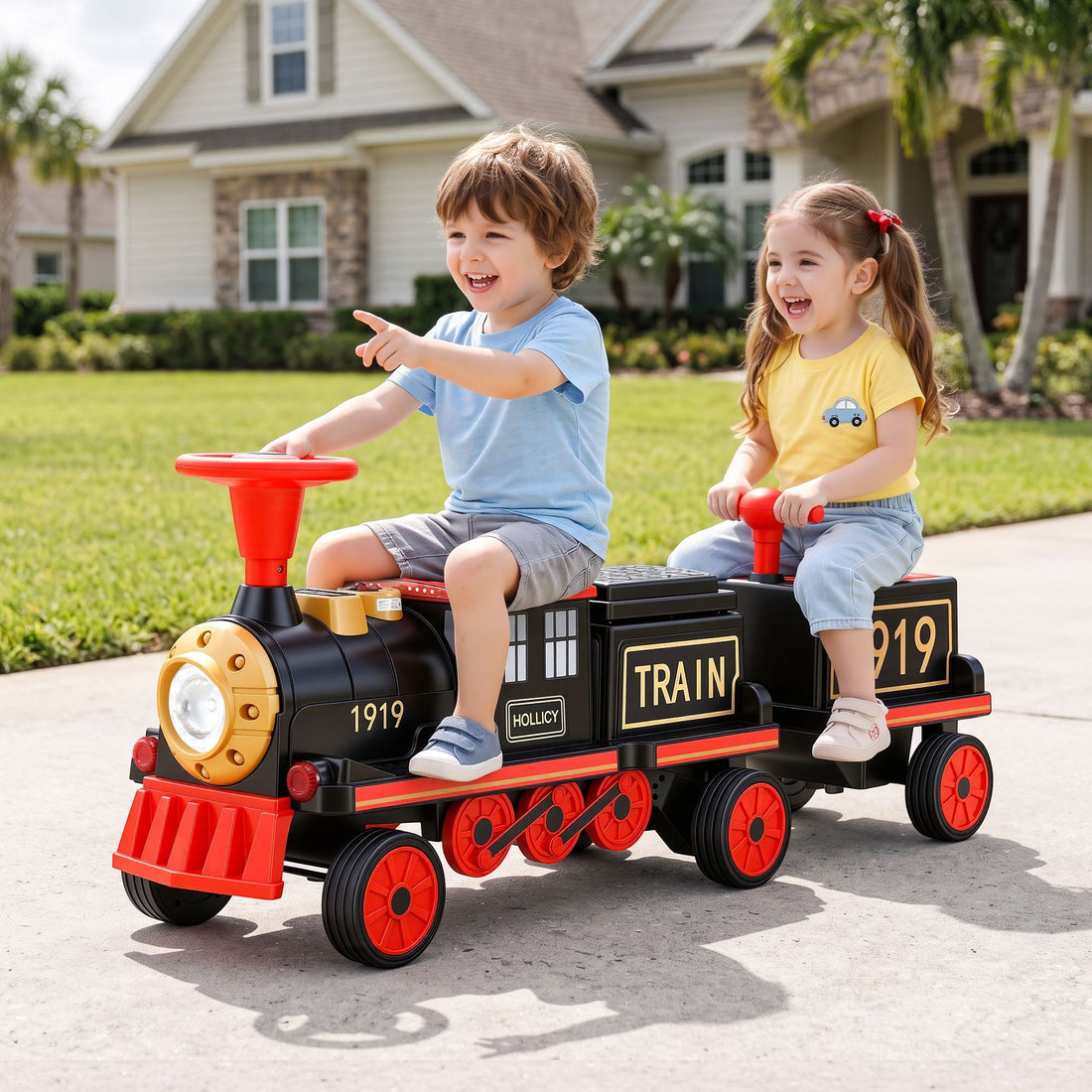 Kids ride-on train car by Everything Baby, 12V electric toy with two seats and a 136cm length, designed for children’s outdoor play.