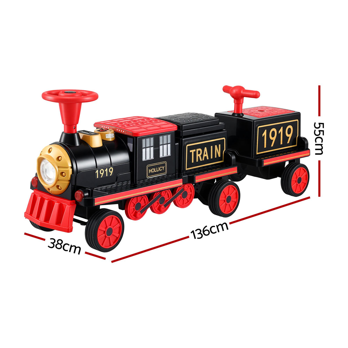 Red Rigo Kids ride-on train car by Everything Baby, 12V electric toy with two seats, 136cm long for children’s outdoor play.