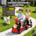 Kids riding on the Everything Baby Rigo 12V electric train ride-on car, two-seater toy with a train design and 136cm length.