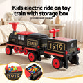 Kids ride-on train car by Everything Baby, 12V electric toy with two seats, 136cm long, designed for children’s outdoor play.