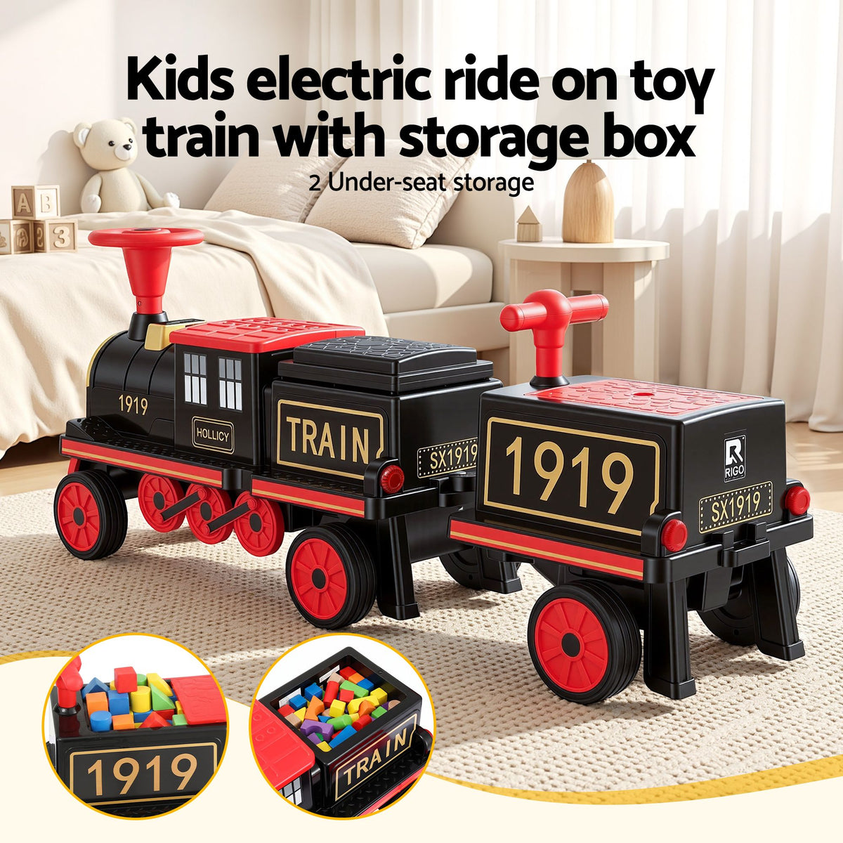 Kids ride-on train car by Everything Baby, 12V electric toy with two seats, 136cm long, designed for children’s outdoor play.