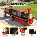 Red Rigo Kids 12V electric ride-on train car, 2-seater toy with realistic design for children, 136cm long, from Everything Baby.