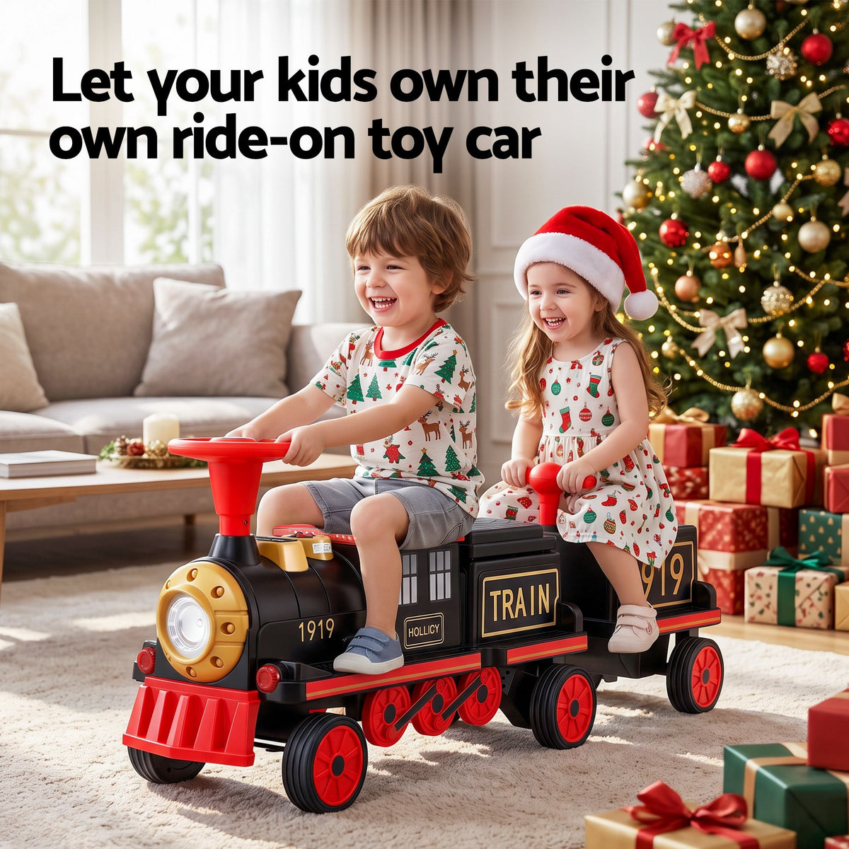 Kids ride-on train car by Everything Baby, 12V electric toy with two seats and realistic train design for children.
