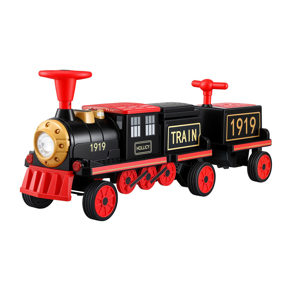 Everything Baby Rigo Kids ride-on car train, 12V electric toy with two seats, 136cm long, suitable for young children.