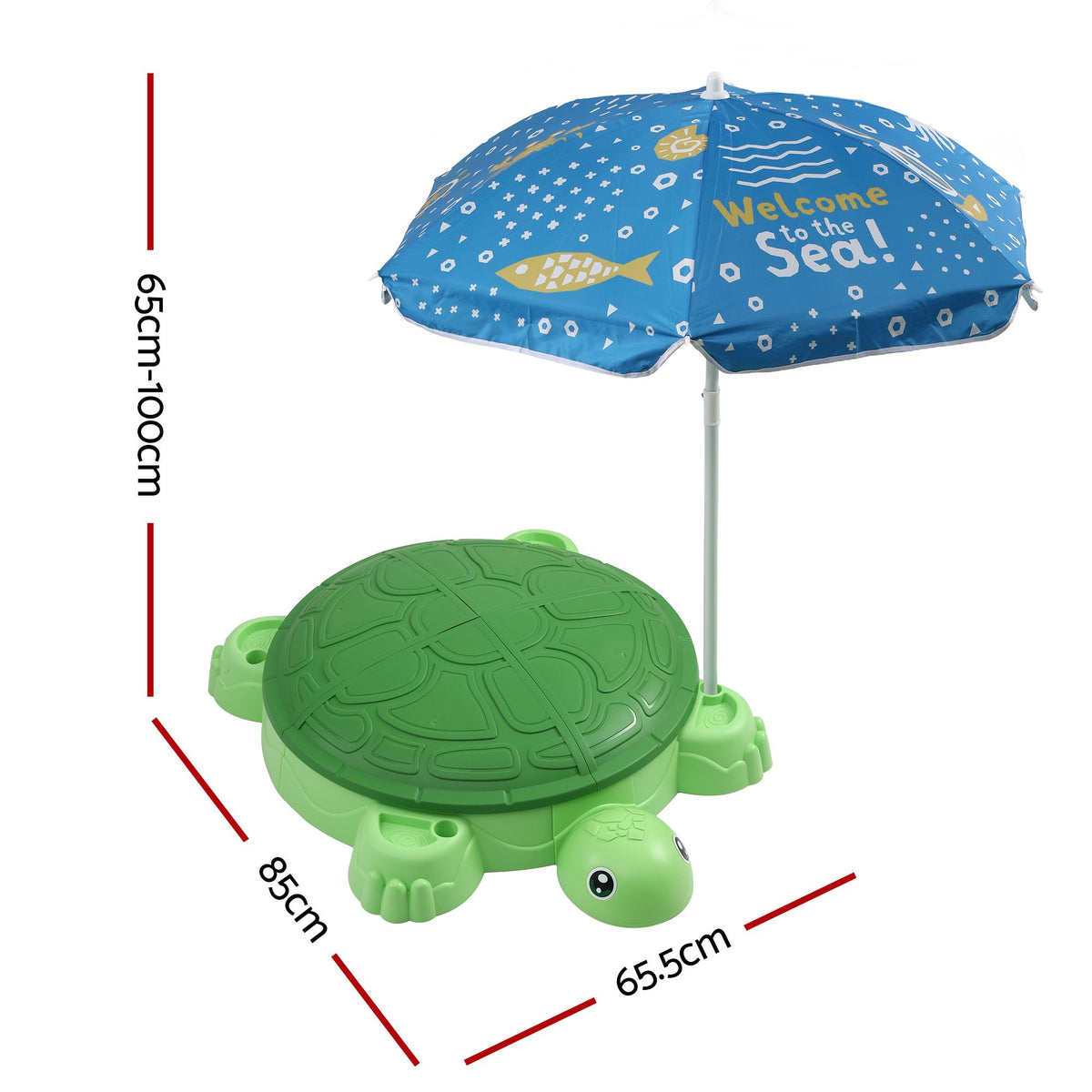 Keezi kids turtle sandbox toy set with umbrella lid, includes 8 accessories, suitable for children 3+ in green.
