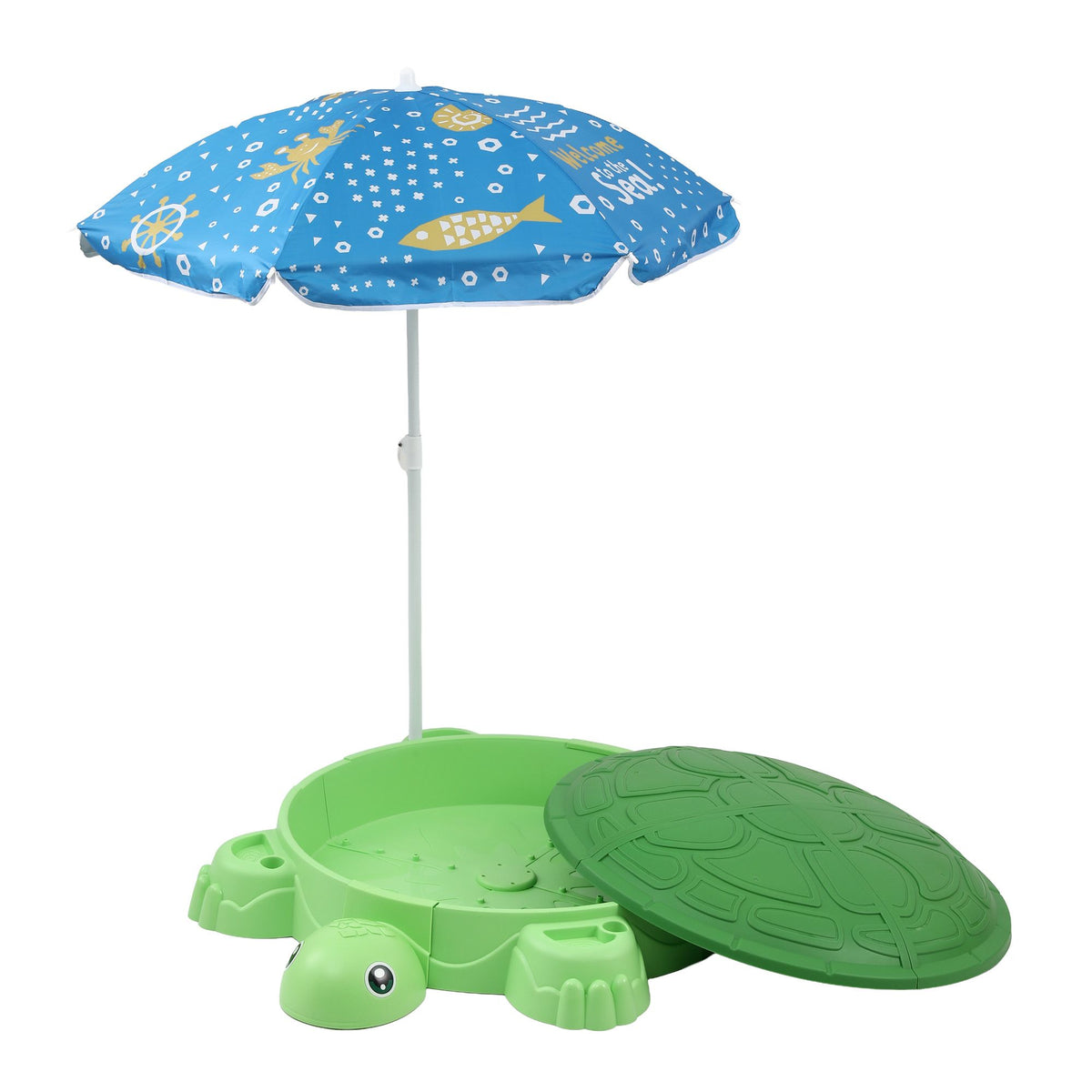 Green Keezi kids turtle sandbox with umbrella lid and 8 accessories, ideal for children aged 3+ to enjoy outdoor play.
