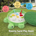 Green Keezi kids sandpit turtle sandbox with umbrella lid and 8 accessories, suitable for children 3+ outdoor activity toy