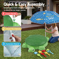 Green Keezi turtle sandbox toy with umbrella lid, includes 8 accessories, suitable for kids 3+ in a baby and kid's activity toy.