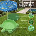 Green Keezi kids turtle sandbox with umbrella lid, includes 8 accessories, suitable for children 3+ for outdoor activity fun