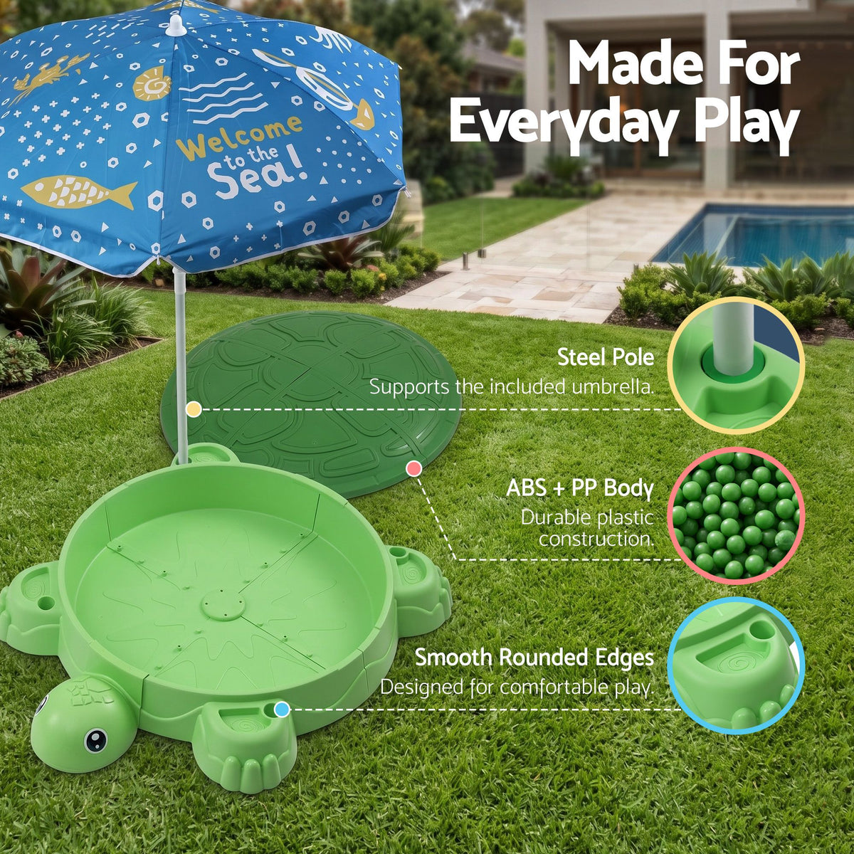 Green Keezi kids turtle sandbox with umbrella lid, includes 8 accessories, suitable for children 3+ for outdoor activity fun