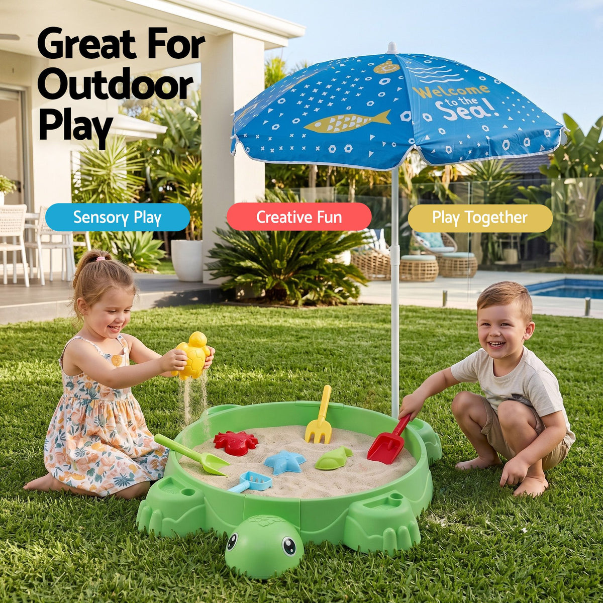 Green Keezi kids turtle sandbox with umbrella lid, includes 8 accessories for children aged 3+ for outdoor activity play.