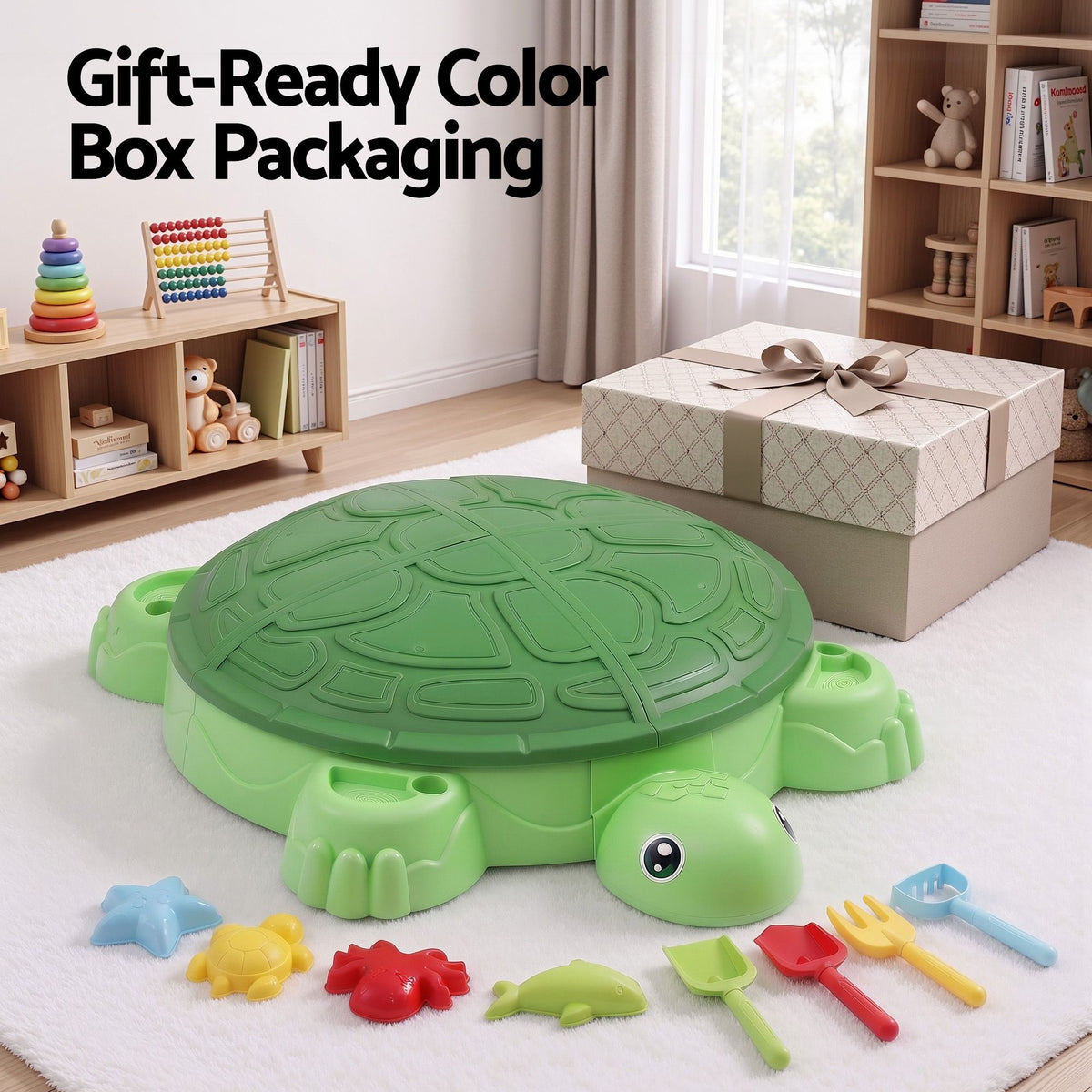 Green Keezi kids sandbox turtle toy with umbrella lid, includes 8 accessories for outdoor activity and play for children 3+.