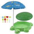 Green Keezi kids turtle sandbox with umbrella lid, 8 accessories, suitable for children 3+, colorful activity toy for outdoor play.