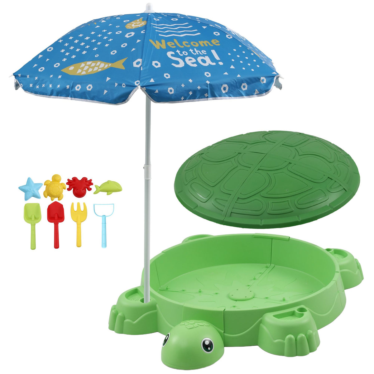 Green Keezi kids turtle sandbox with umbrella lid, 8 accessories, suitable for children 3+, colorful activity toy for outdoor play.