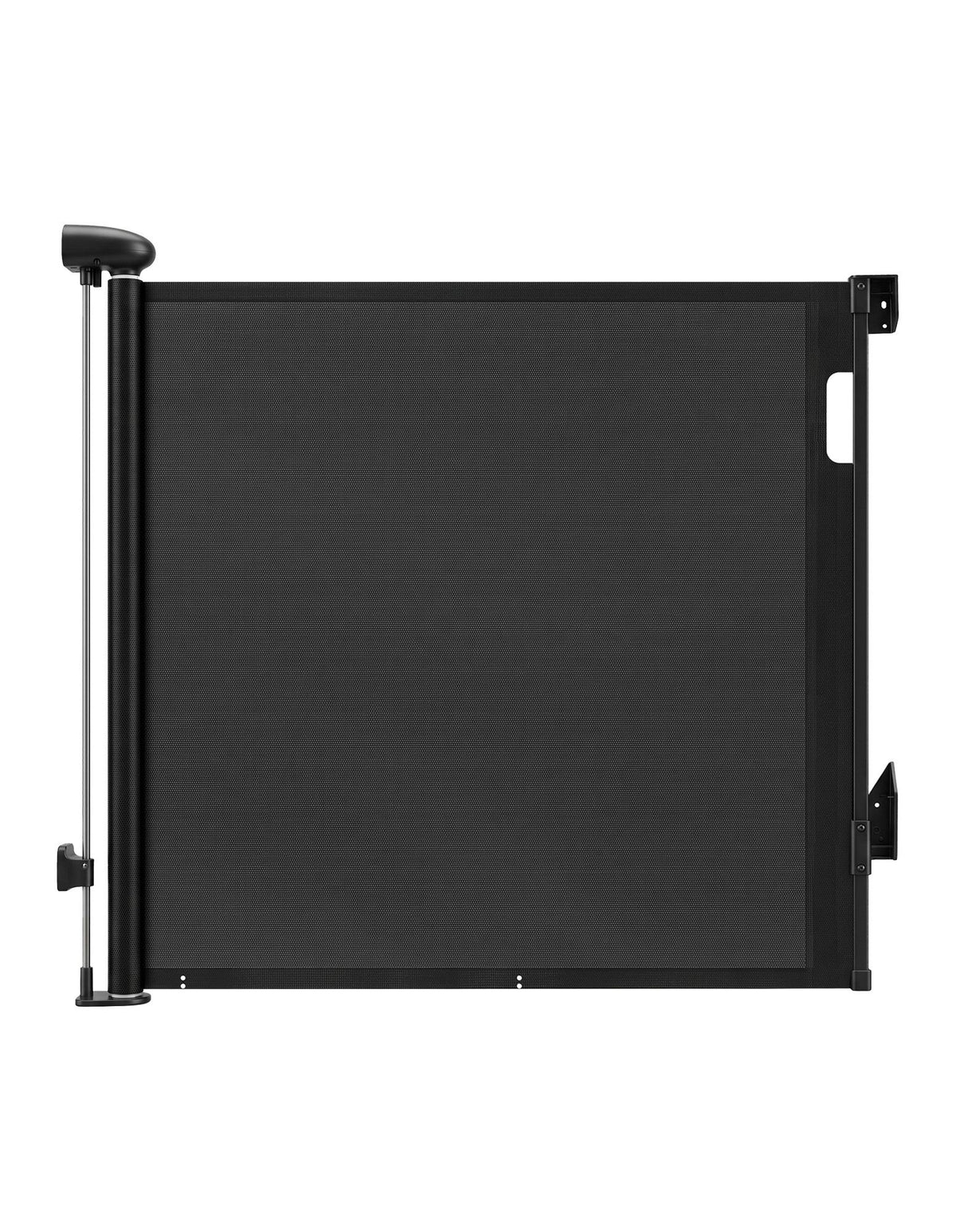 Keezi black retractable baby gate extending up to 140cm, safety fence for pets and children, with mesh design and secure locking mechanism.