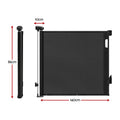 Keezi black retractable baby and pet safety gate extending up to 140cm, featuring a secure mesh design for child and pet safety.
