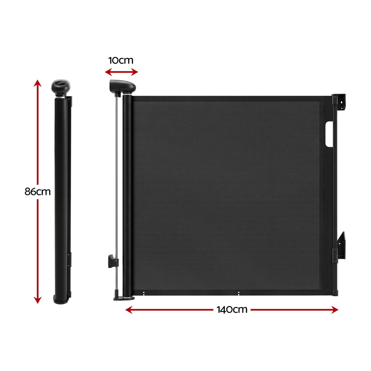 Keezi black retractable baby and pet safety gate extending up to 140cm, featuring a secure mesh design for child and pet safety.