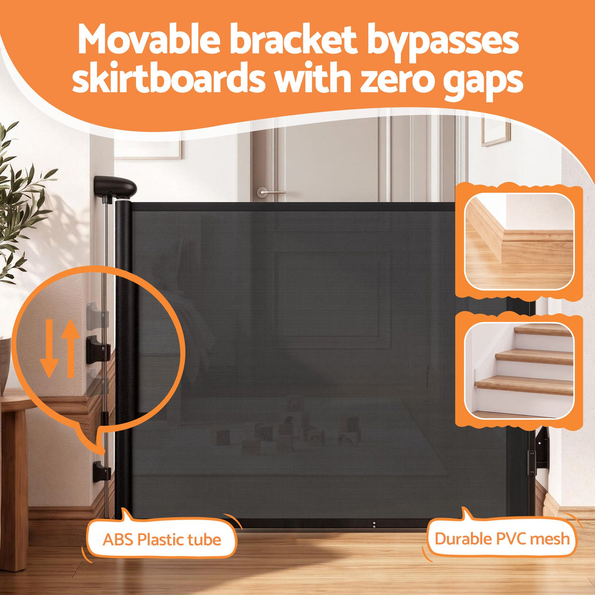 Black Keezi retractable baby and pet safety gate extended to 140cm, featuring mesh fabric and secure locking mechanism.