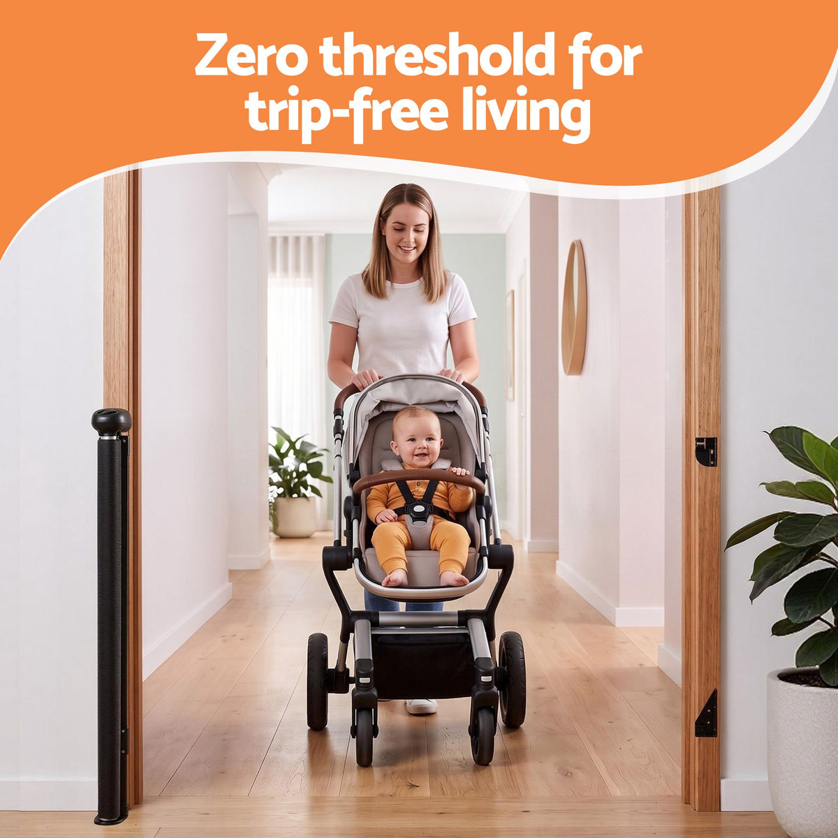 Black Keezi retractable baby and pet safety gate extended up to 140cm, shown in a home setting with secure mesh and adjustable width.