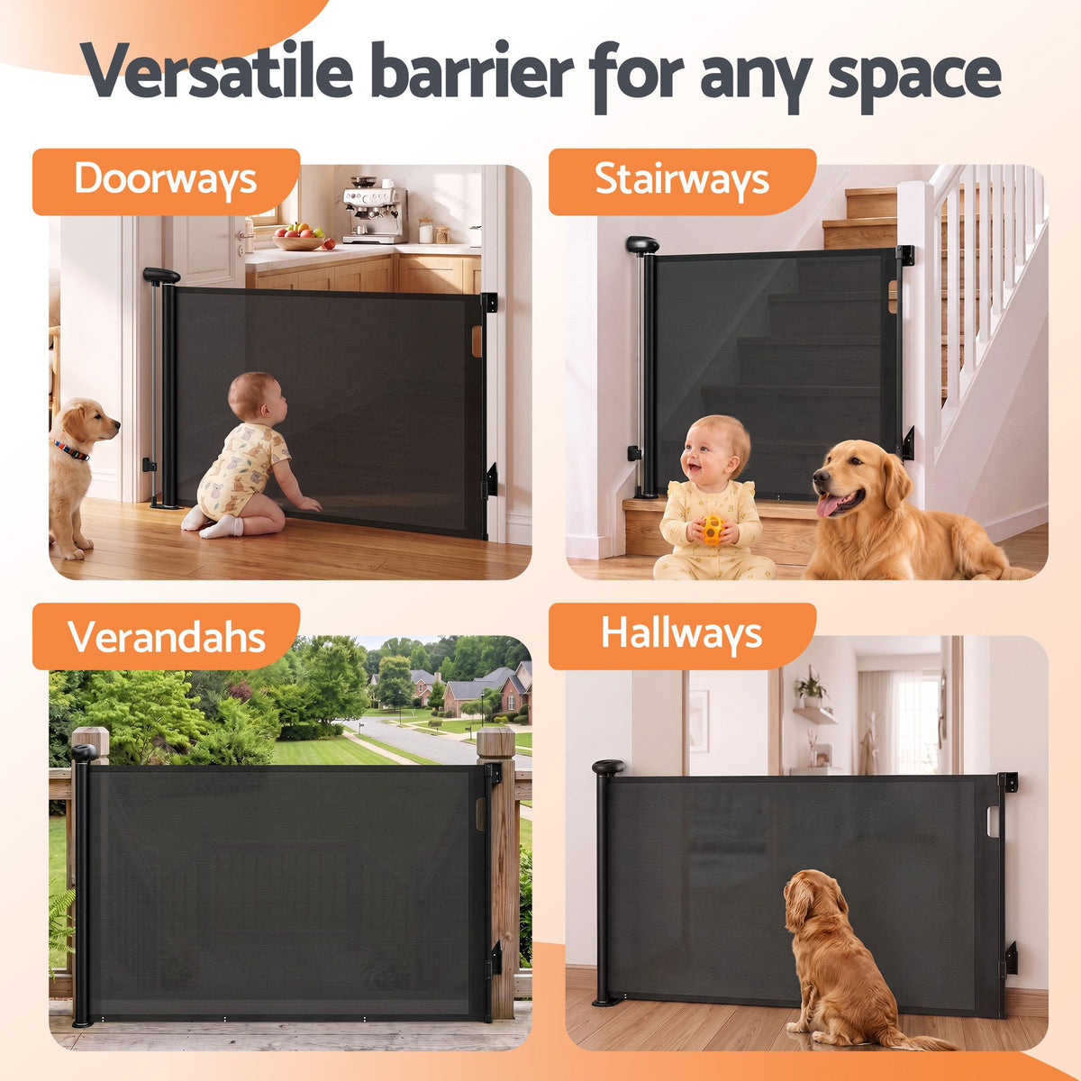 Keezi black retractable baby gate and pet safety fence extending up to 140cm, designed for child and pet safety.