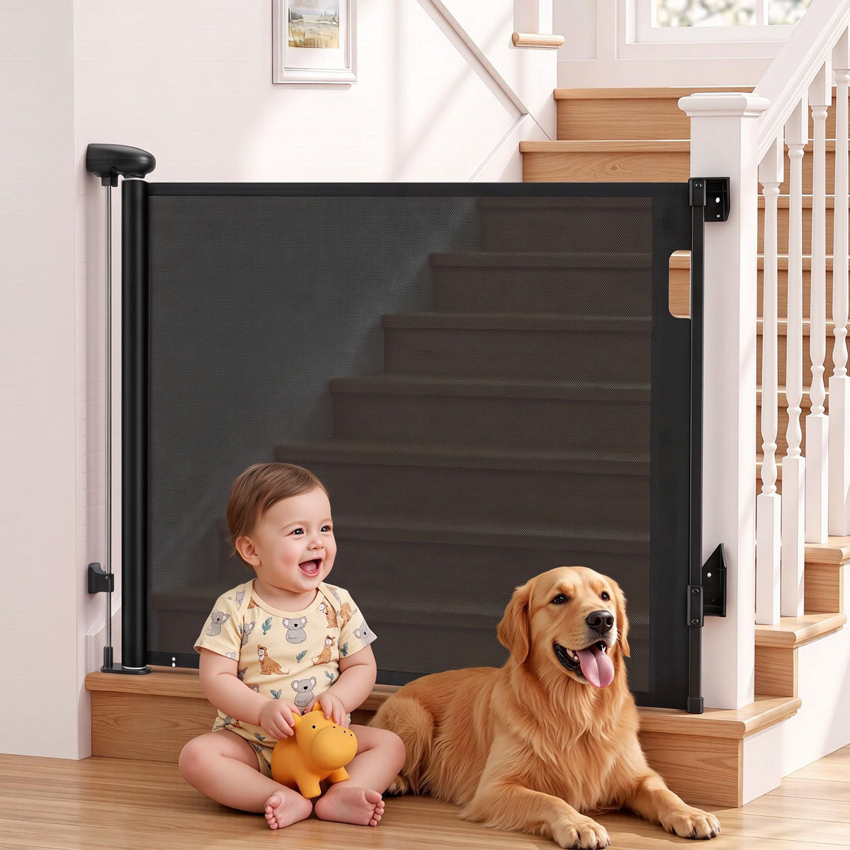 Black Keezi retractable baby and pet safety gate extending up to 140cm, shown in a home with the gate installed.