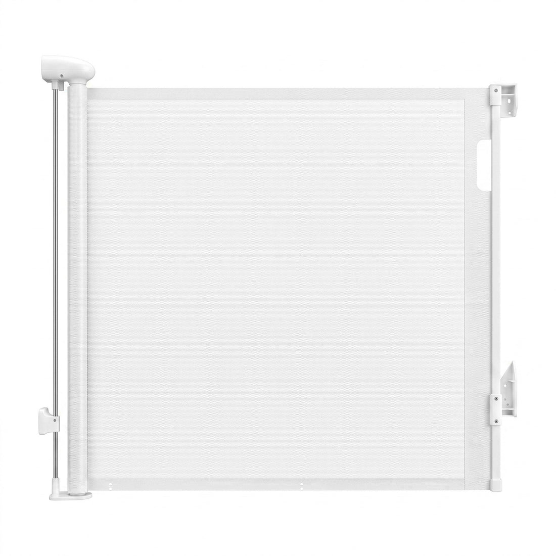 White Keezi retractable baby and pet safety gate extended to 140cm, shown in a home setting for child and pet safety.