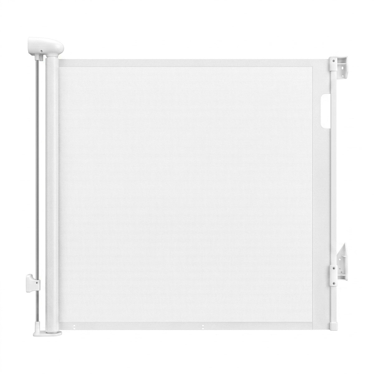 White Keezi retractable baby and pet safety gate extended to 140cm, shown in a home setting for child and pet safety.