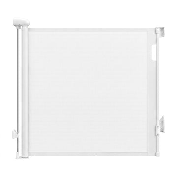 White Keezi retractable baby and pet safety gate extended to 140cm, shown in a home setting for child and pet safety.