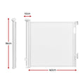 White Keezi retractable baby and pet safety gate extended to 140cm, featuring a secure mesh design for child and pet safety.
