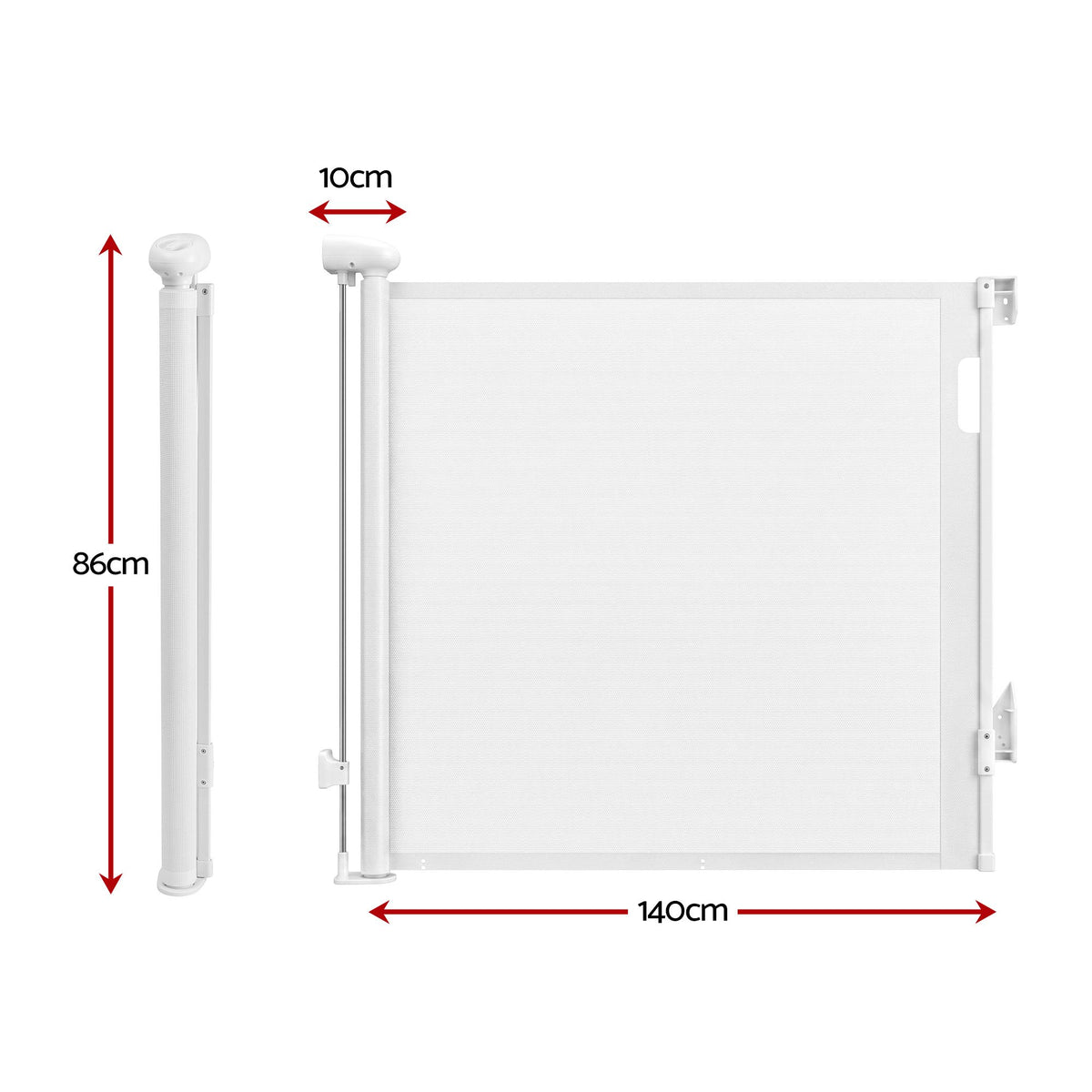 White Keezi retractable baby and pet safety gate extended to 140cm, featuring a secure mesh design for child and pet safety.