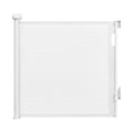White Keezi retractable baby and pet safety gate extended to 140cm, shown in a home setting with secure mesh and adjustable height.
