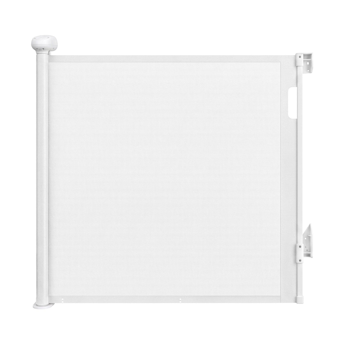White Keezi retractable baby and pet safety gate extended to 140cm, shown in a home setting with secure mesh and adjustable height.