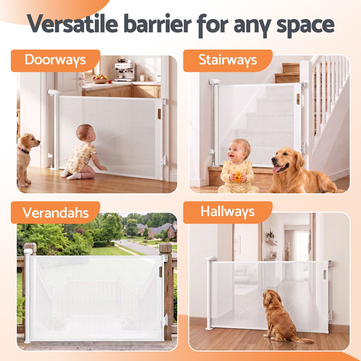 Keezi white retractable baby gate and pet fence extending up to 140cm, safety barrier for kids and pets.