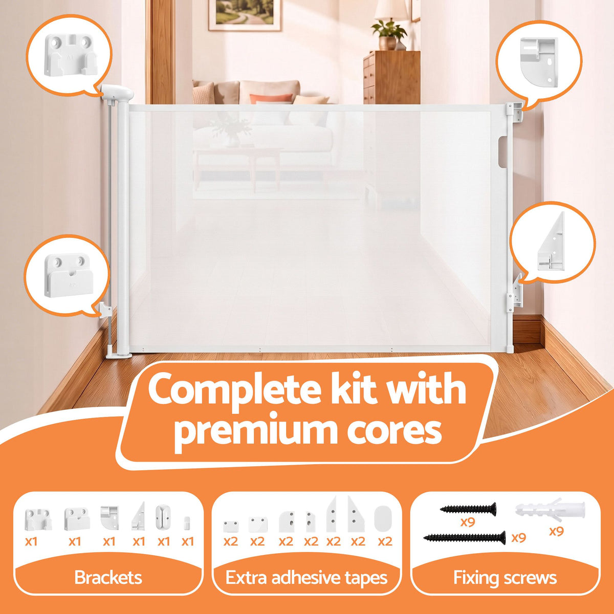 White Keezi retractable baby gate extending up to 140cm, safety barrier for children and pets, with a sleek, secure design.